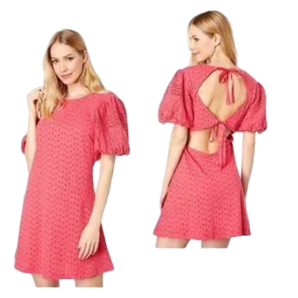 🍒Free People apricot rose puff sleeves Backless Dress size L GUC